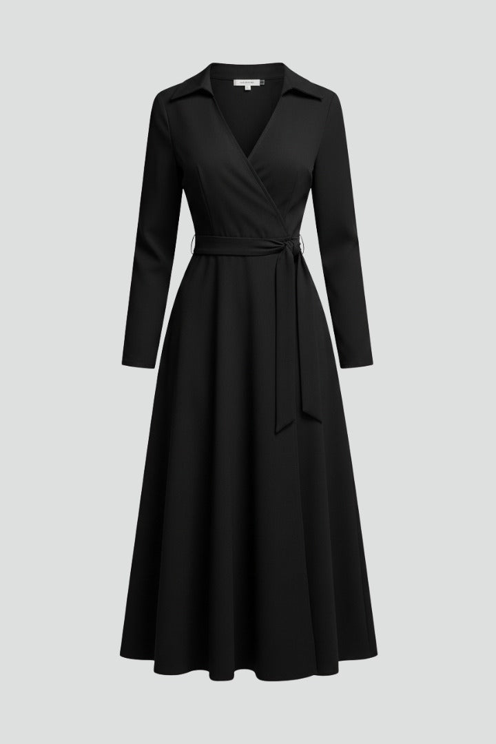 Women's Wrap Midi Dress with Tie Waist and Pockets