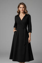 Women's Wrap Midi Dress with Tie Waist and Pockets
