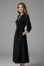 Women's Wrap Midi Dress with Tie Waist and Pockets