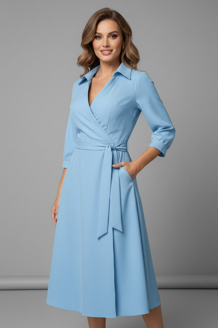 Women's Wrap Midi Dress with Tie Waist and Pockets