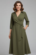 Women's Wrap Midi Dress with Tie Waist and Pockets