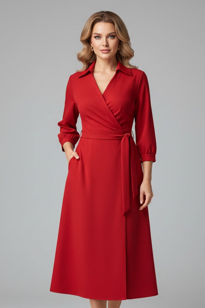 Women's Wrap Midi Dress with Tie Waist and Pockets
